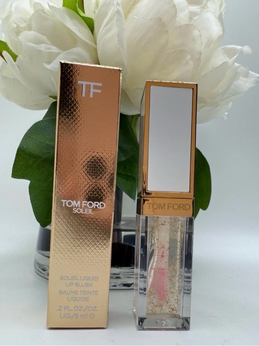 Tom Ford Soleil Liquid Lip Blush — Pink with Gold Flakes